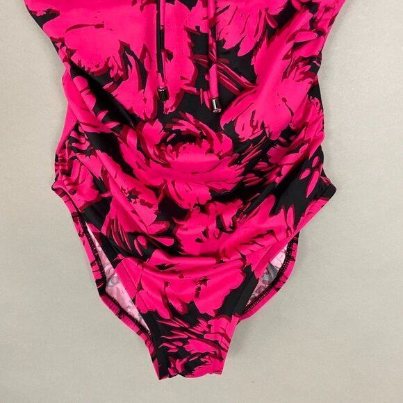 Aqua Green Swimsuit Floral‎ Pink Black Size Small One Piece V-Neck Bathing Suit - Picture 4 of 11